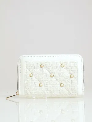 Boucle & Pearl Detail Medium Wallet - Cream