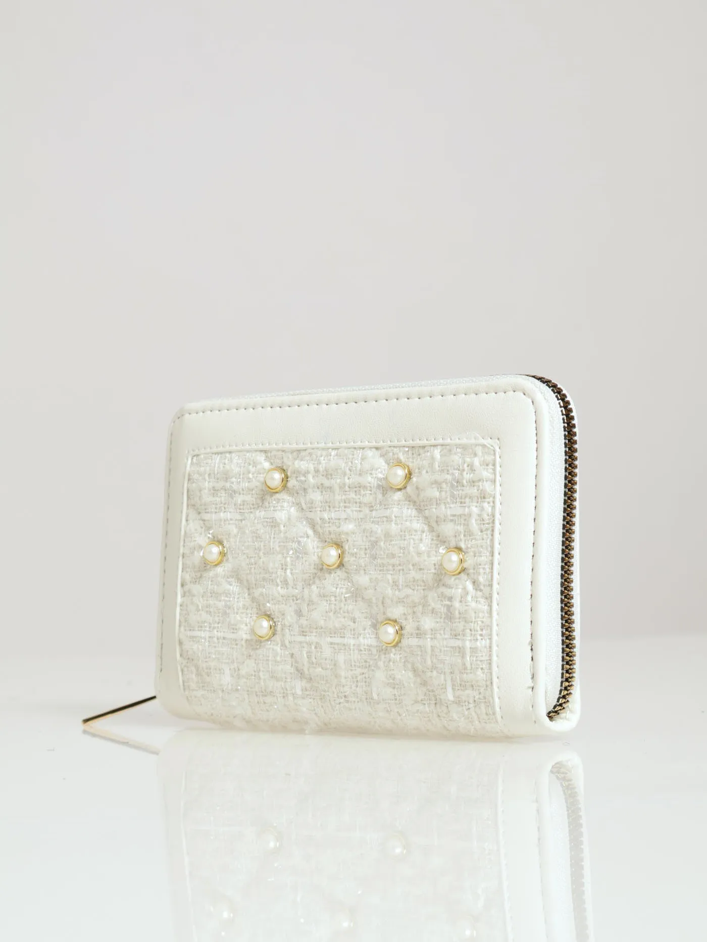 Boucle & Pearl Detail Medium Wallet - Cream