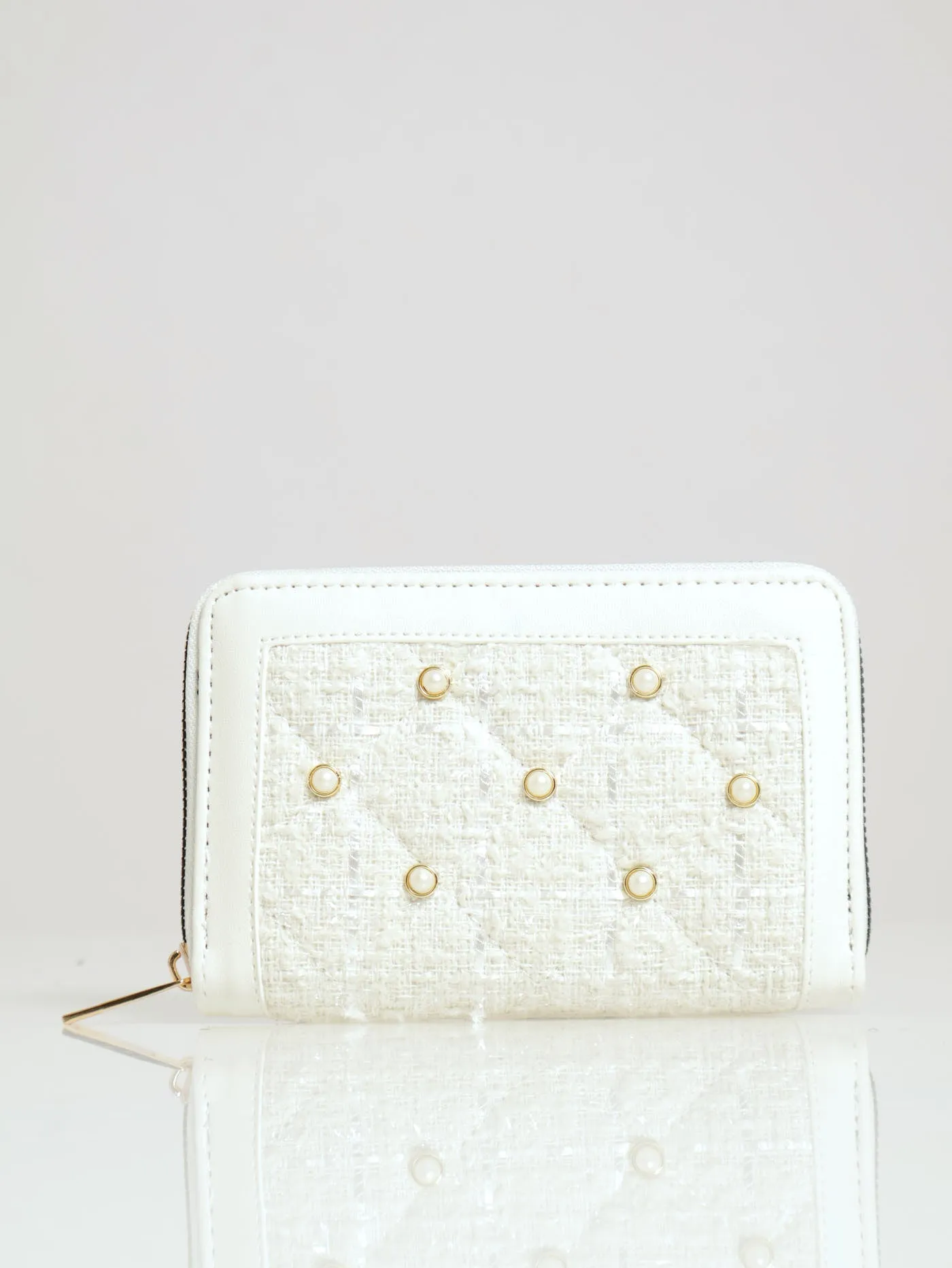 Boucle & Pearl Detail Medium Wallet - Cream