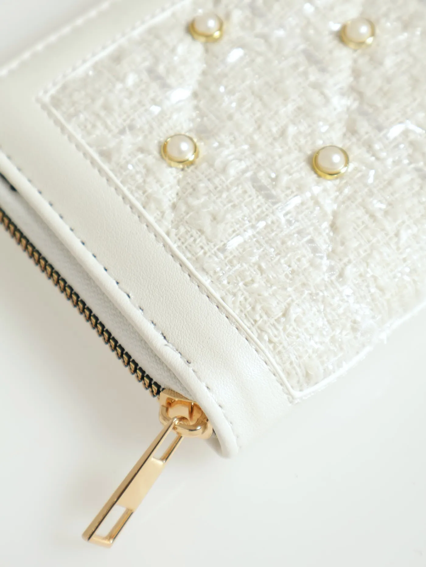Boucle & Pearl Detail Medium Wallet - Cream