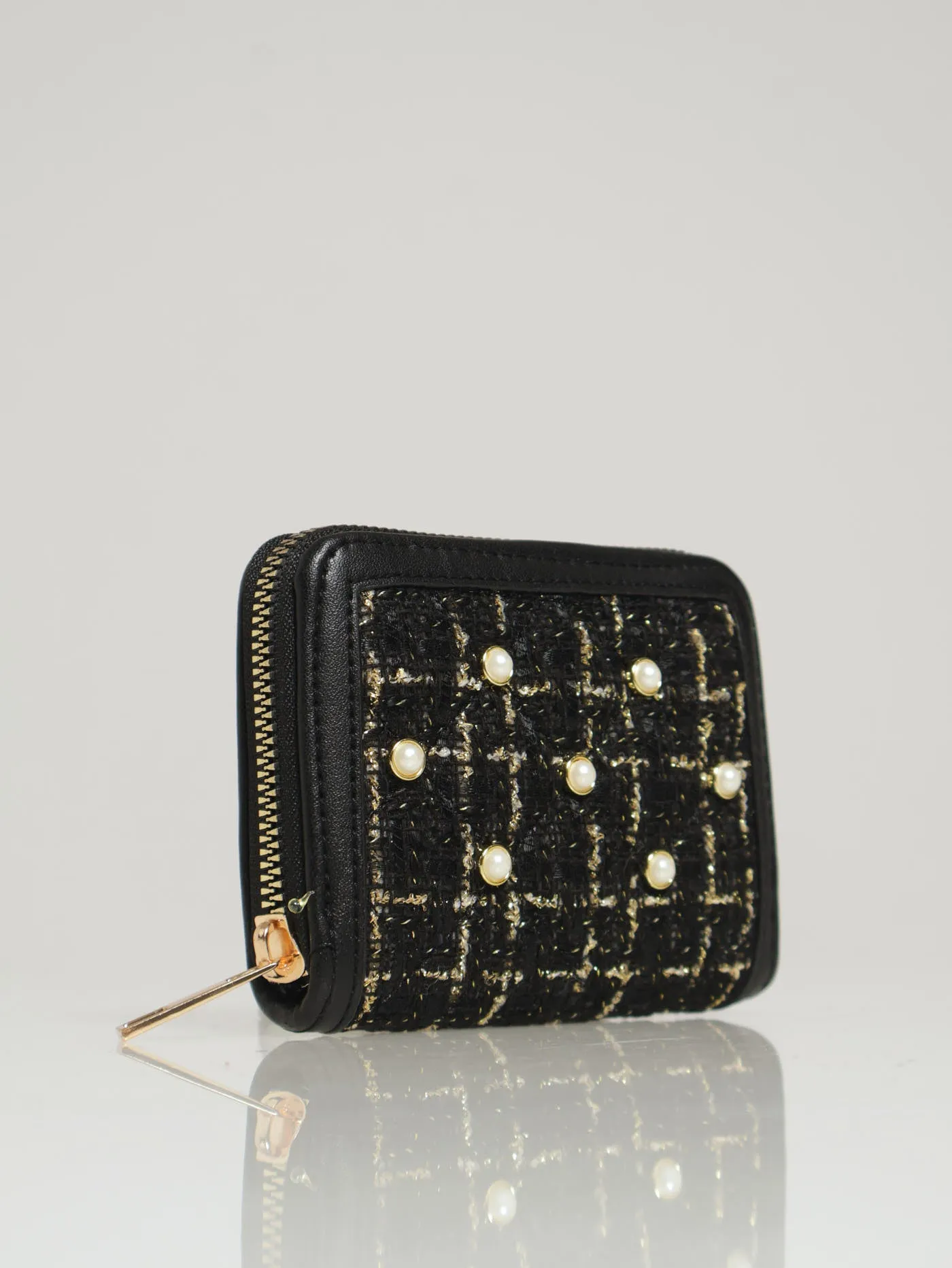 Boucle & Pearl Detail Single Zip Purse - Black