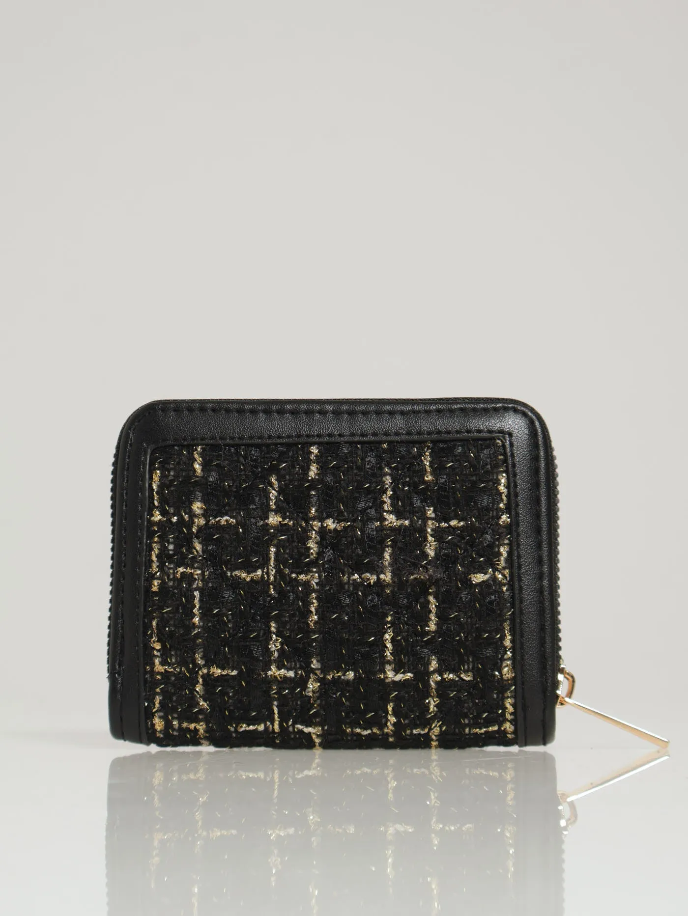 Boucle & Pearl Detail Single Zip Purse - Black
