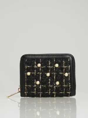 Boucle & Pearl Detail Single Zip Purse - Black