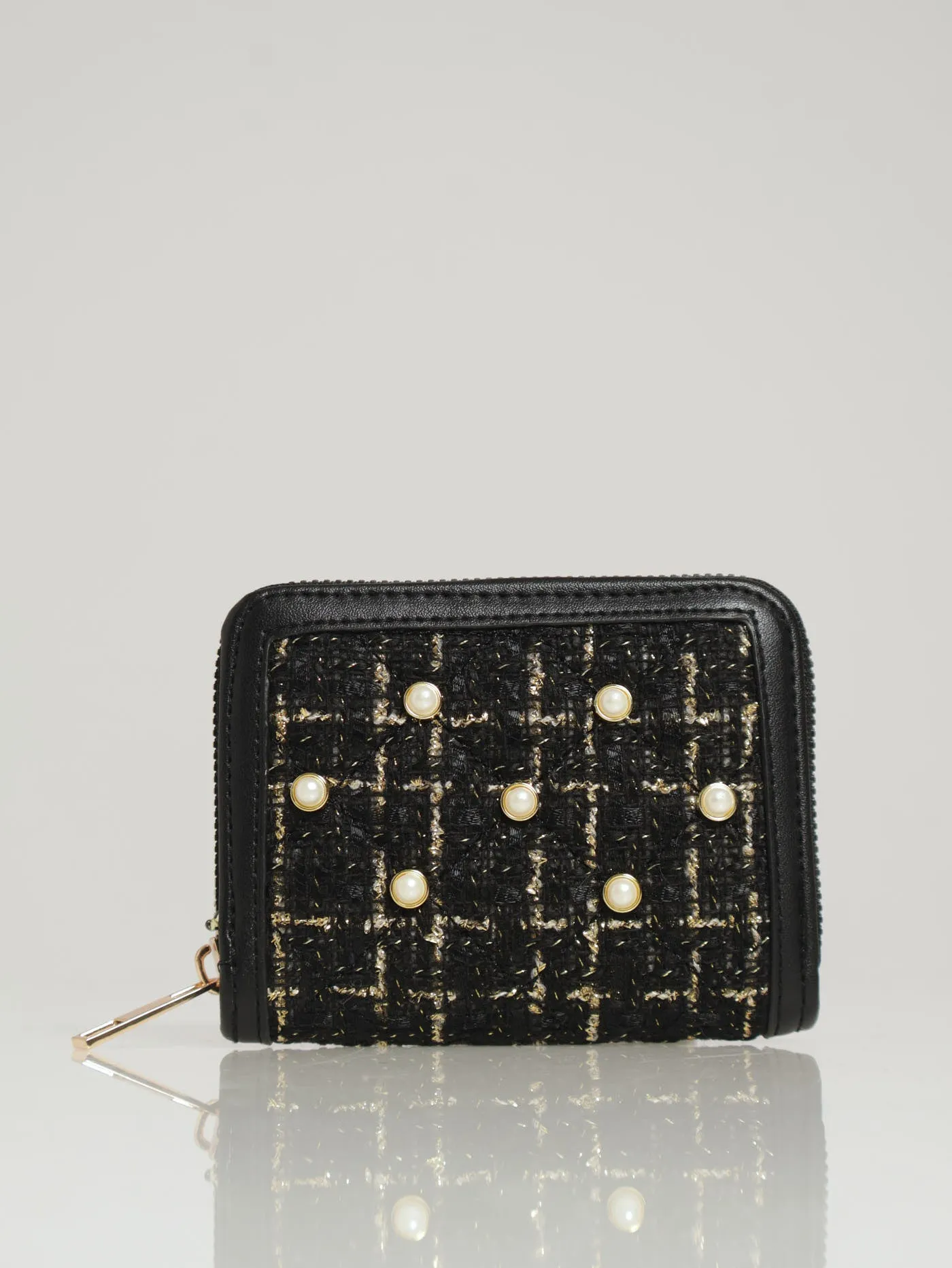 Boucle & Pearl Detail Single Zip Purse - Black