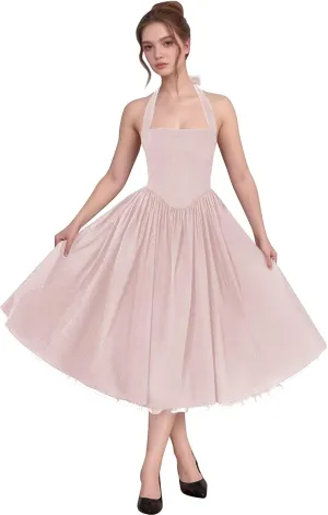 Bow Tea Length Prom Dresses for Women 2025 Satin Pleated Halter Cocktail Dress A Line Corset Formal Evening Party Gown