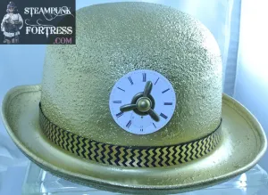BOWLER BRASS PORCELAIN WATCH CLOCK DIAL FACE BRASS KINETIC SPINS SPINNING PROPELLER GOLD PEARL STUD GOLD BLACK ZIG ZAG RIBBON BAND FULL SIZE HAT STARR WILDE STEAMPUNK FORTRESS