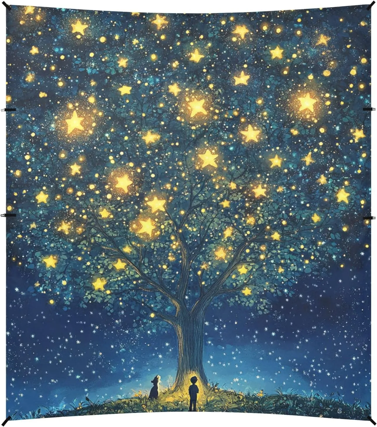 Boy and Dog Glittery Stars Tree Dreamy Beach Cabana Tent UPF50 Waterproof Portable Sun Shelter with Sand Shovel, Sandbags for Camping, Fishing, Backyard Fun