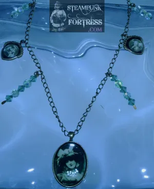 BRASS VINTAGE LADIES GREEN HAT 2 SHIELDS GREEN SWAROVSKI CRYSTALS NECKLACE STARR WILDE STEAMPUNK FORTRESS