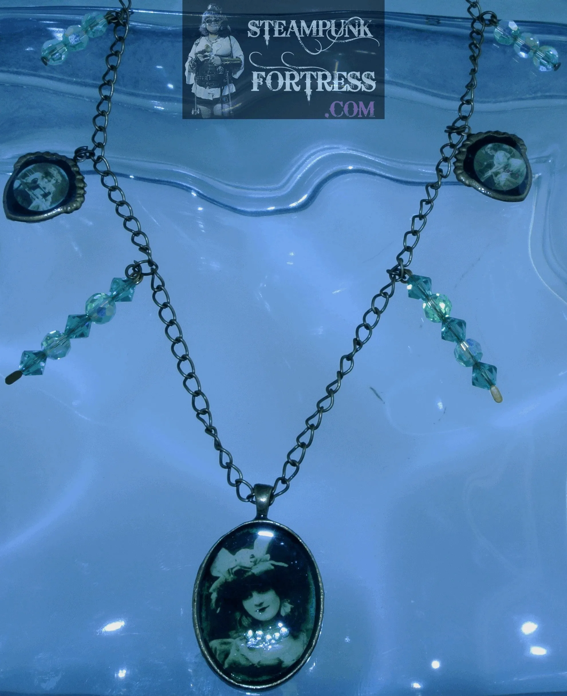 BRASS VINTAGE LADIES GREEN HAT 2 SHIELDS GREEN SWAROVSKI CRYSTALS NECKLACE STARR WILDE STEAMPUNK FORTRESS