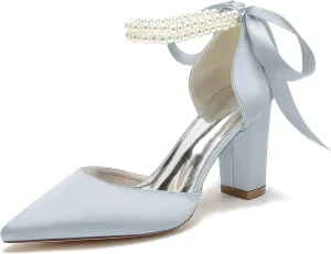 Bridal Shoes Block Heel Wedding Shoes Satin Evening Party Pumps Sandals Bride Pointed Toe Pearl Wedding Heels 8.5Cm