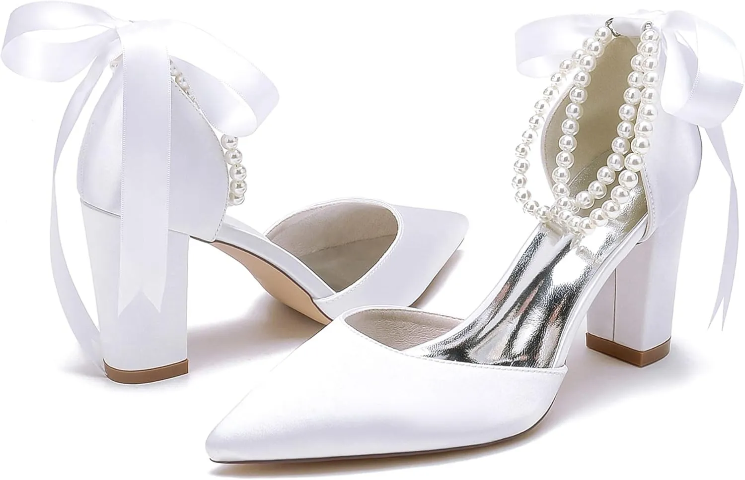 Bridal Shoes Block Heel Wedding Shoes Satin Evening Party Pumps Sandals Bride Pointed Toe Pearl Wedding Heels 8.5Cm