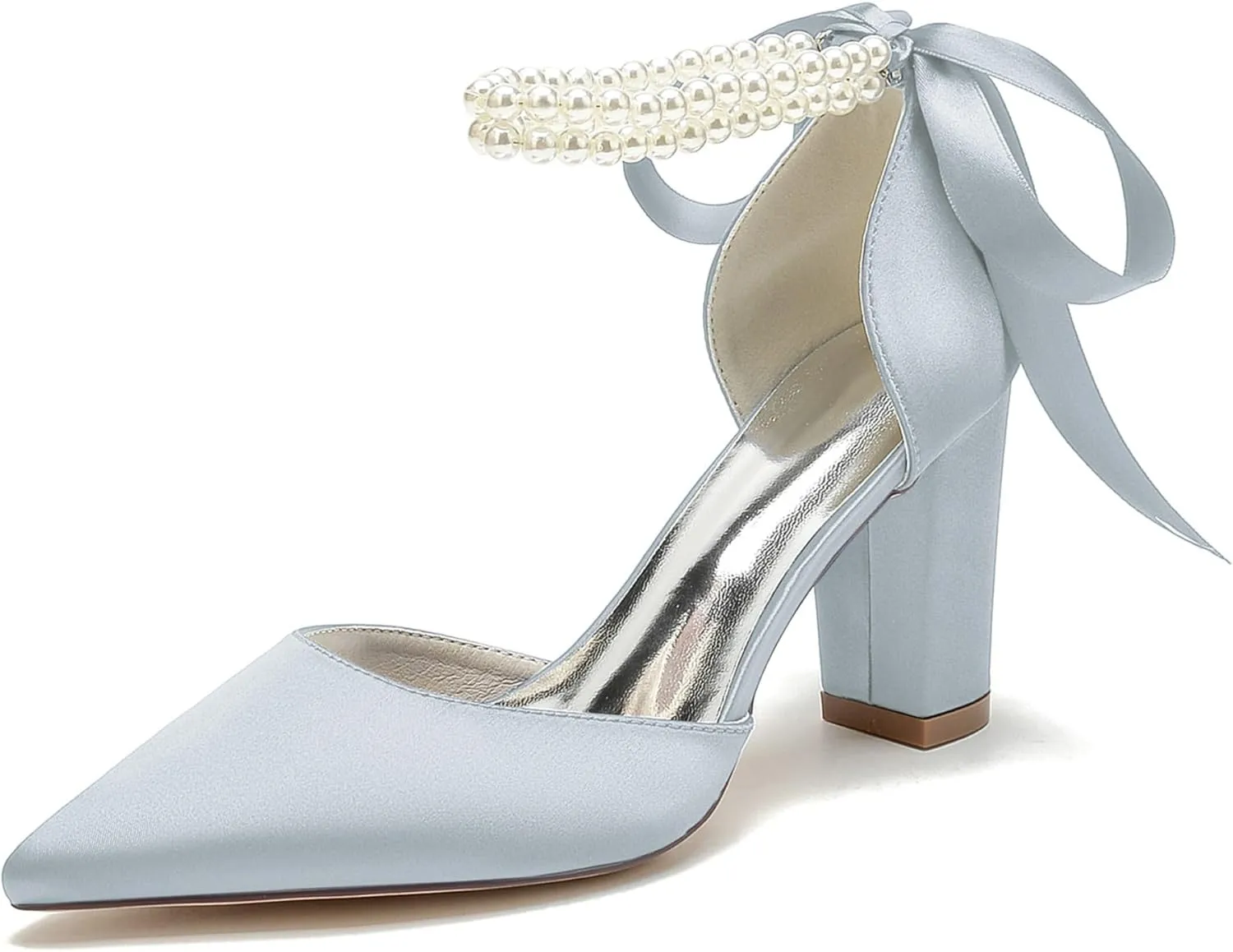 Bridal Shoes Block Heel Wedding Shoes Satin Evening Party Pumps Sandals Bride Pointed Toe Pearl Wedding Heels 8.5Cm
