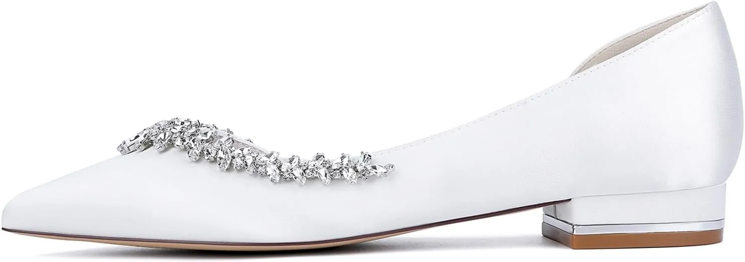 Bridal Women Satin Flat Wedding Shoes 2.5CM Slip on Ballet Pointed Closed Toe Shoes Rhine Stone Sandals Bridesmaids for Evening Party