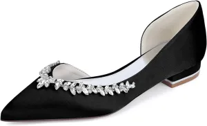 Bridal Women Satin Flat Wedding Shoes 2.5CM Slip on Ballet Pointed Closed Toe Shoes Rhine Stone Sandals Bridesmaids for Evening Party