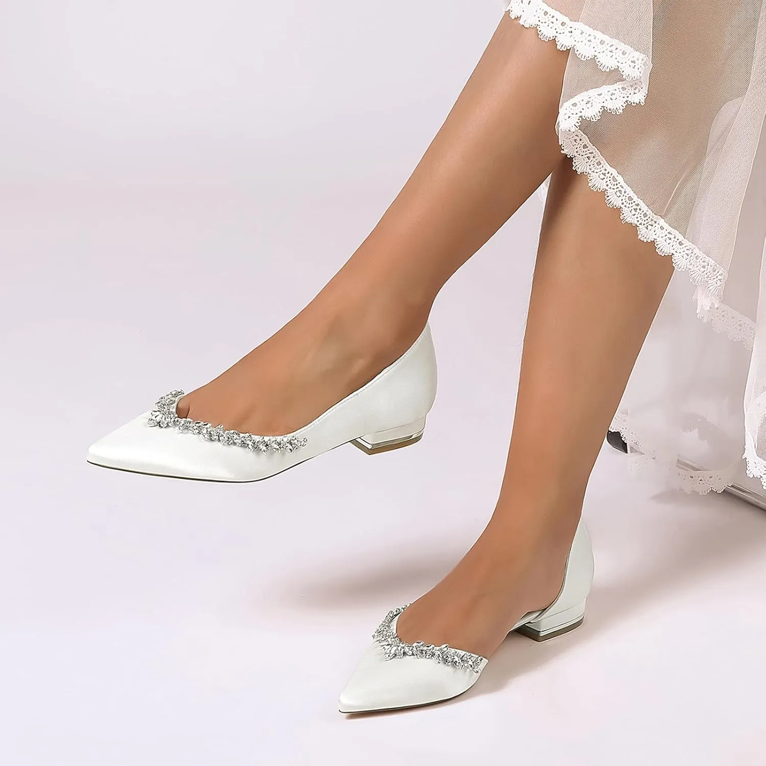 Bridal Women Satin Flat Wedding Shoes 2.5CM Slip on Ballet Pointed Closed Toe Shoes Rhine Stone Sandals Bridesmaids for Evening Party