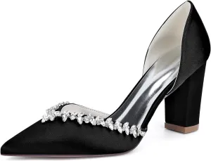 Bride Wedding Pointed Toe Closed Toe 8.5CM Chunky Heels for Women Slip on Rhinestones Pumps Comfortable Dress Shoes for Prom Work Sandals Bridesmaid