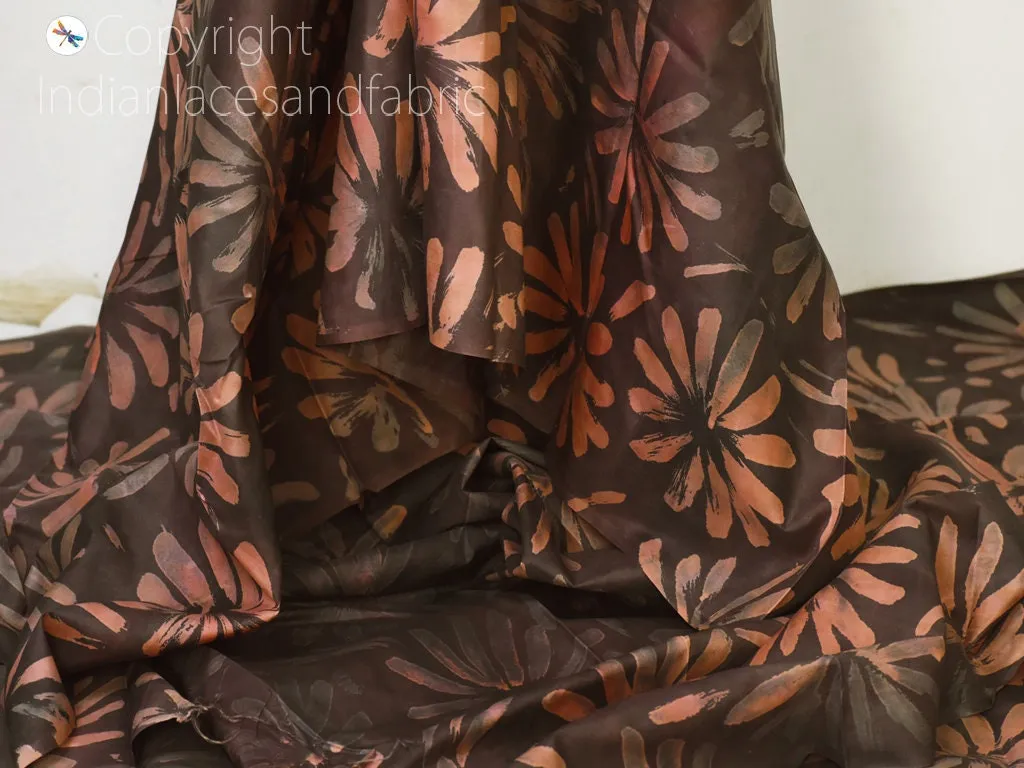 Brown Indian Saree Soft Pure Hand Printed Silk Fabric By The Yard Wedding Dresses Bridesmaid Party Costume Crafting Sewing Dupatta Scarf