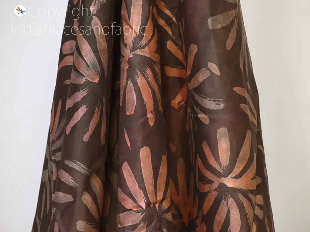 Brown Indian Saree Soft Pure Hand Printed Silk Fabric By The Yard Wedding Dresses Bridesmaid Party Costume Crafting Sewing Dupatta Scarf