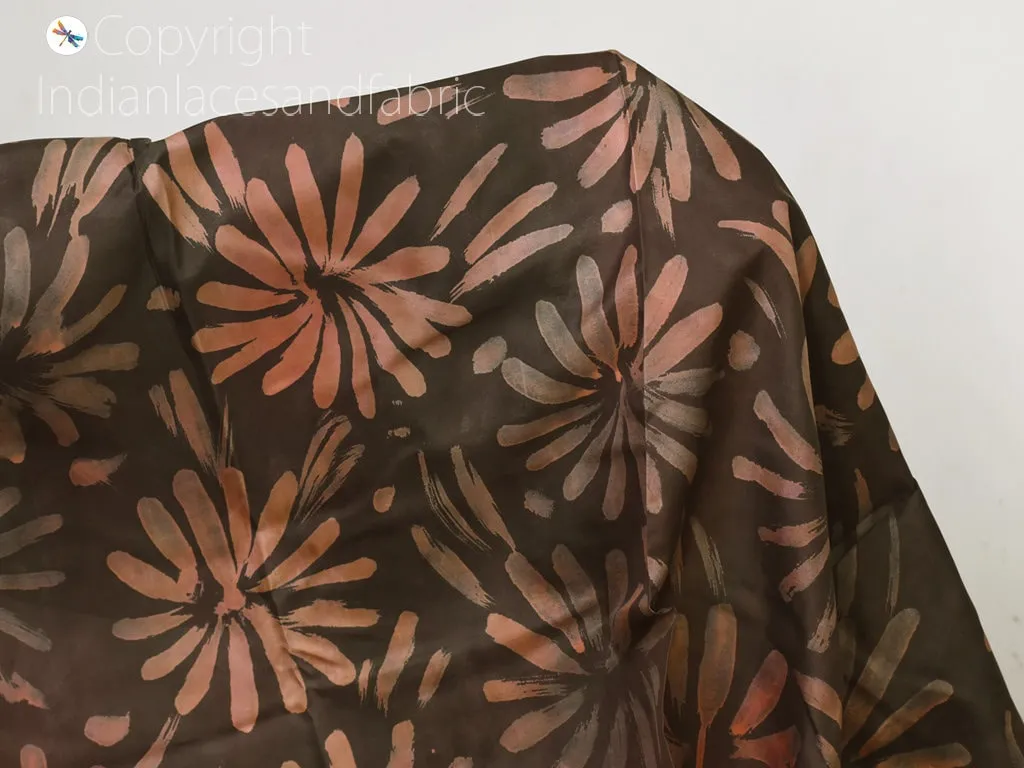 Brown Indian Saree Soft Pure Hand Printed Silk Fabric By The Yard Wedding Dresses Bridesmaid Party Costume Crafting Sewing Dupatta Scarf