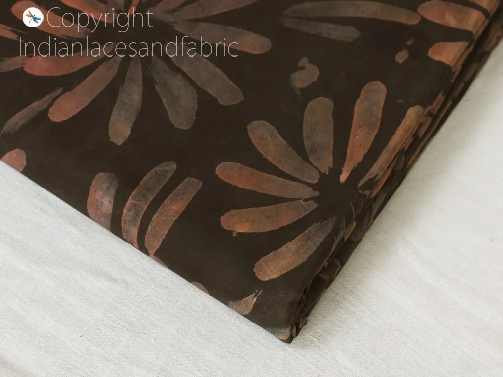 Brown Indian Saree Soft Pure Hand Printed Silk Fabric By The Yard Wedding Dresses Bridesmaid Party Costume Crafting Sewing Dupatta Scarf