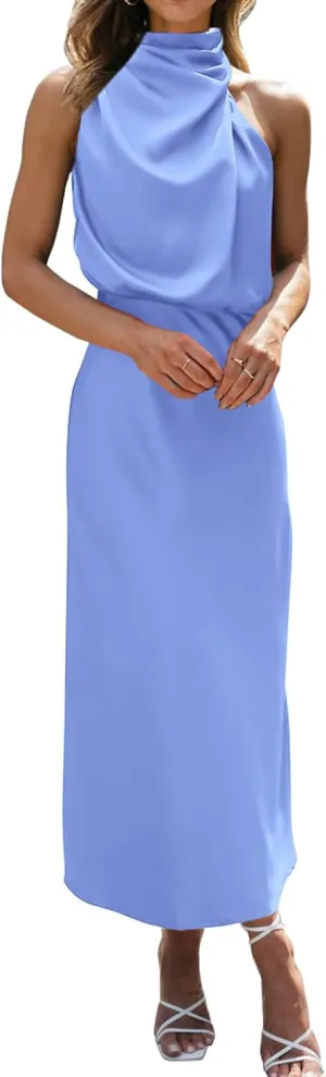 BTFBM Womens Sleeveless Cocktail Dresses Mock Neck Keyhole Elastic High Waist Evening Party Maxi Wedding Guest Dress