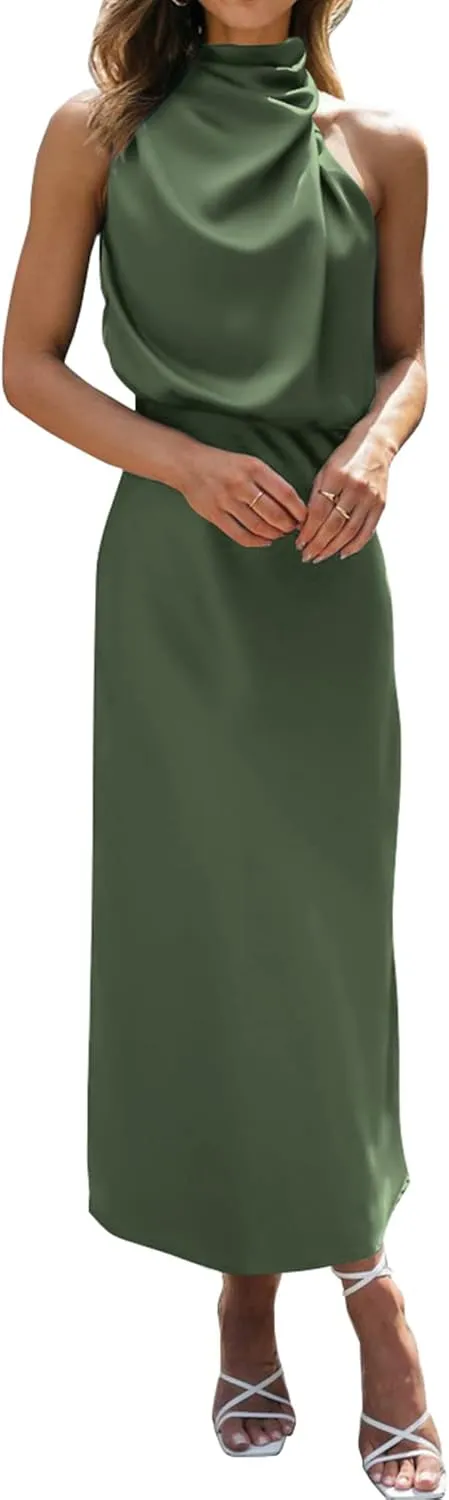 BTFBM Womens Sleeveless Cocktail Dresses Mock Neck Keyhole Elastic High Waist Evening Party Maxi Wedding Guest Dress