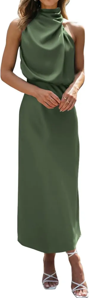 BTFBM Womens Sleeveless Cocktail Dresses Mock Neck Keyhole Elastic High Waist Evening Party Maxi Wedding Guest Dress