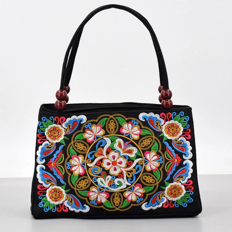 Buddha Stones Galsang Inula Flower Peony Peacock Double-Sided Embroidery Canvas Shopping Purse Handbag