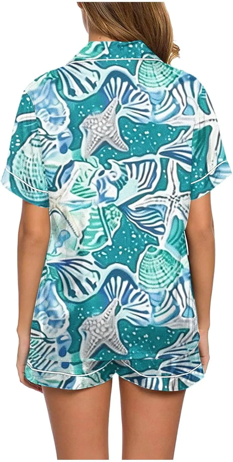 Button Up Pajamas For Women Cute Print Short Sleeve Sleepwear 2 Piece Summer Soft Pis Top And Shorts Outfits Sets