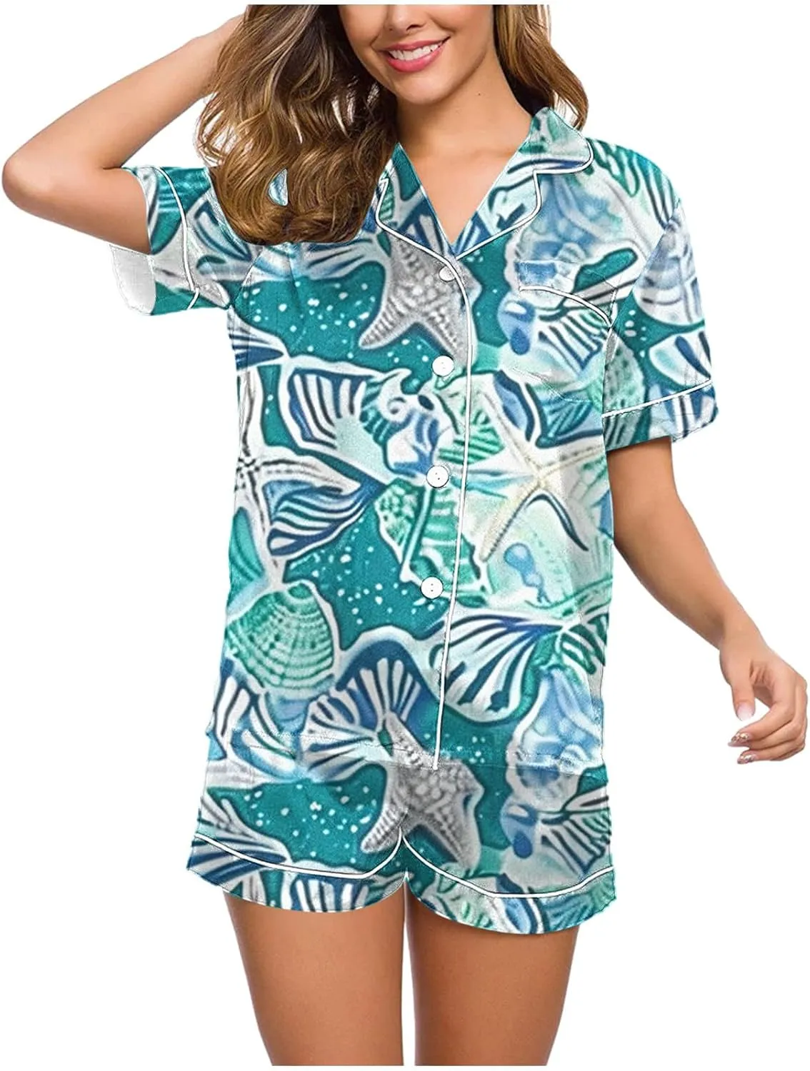 Button Up Pajamas For Women Cute Print Short Sleeve Sleepwear 2 Piece Summer Soft Pis Top And Shorts Outfits Sets