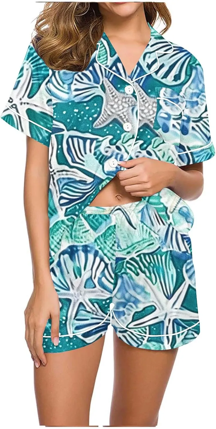 Button Up Pajamas For Women Cute Print Short Sleeve Sleepwear 2 Piece Summer Soft Pis Top And Shorts Outfits Sets