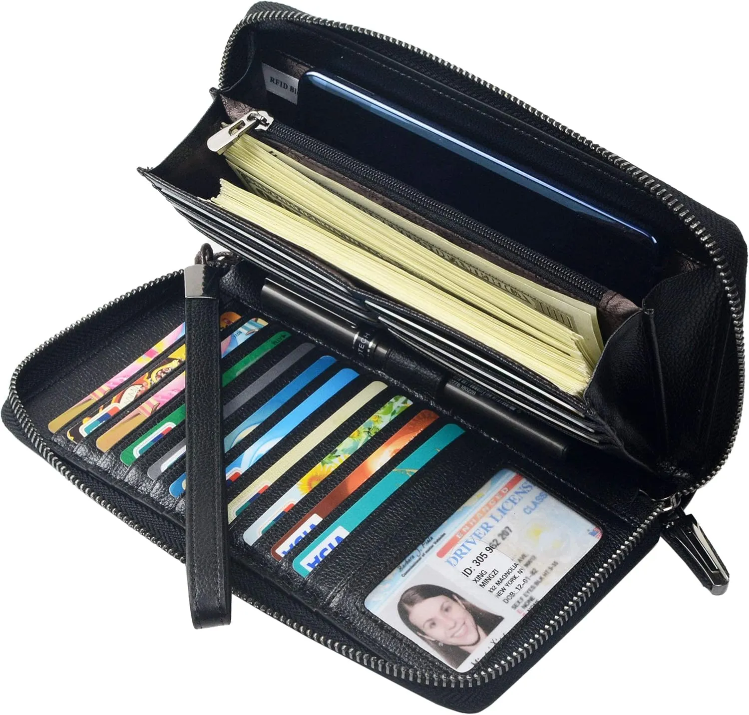 Bveyzi Women RFID Blocking Wallet Leather Zip Around Phone Clutch Large Capacity Ladies Travel Purse Wristlet