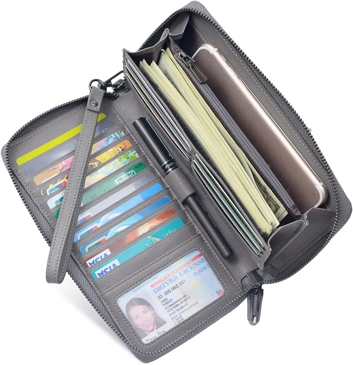 Bveyzi Women RFID Blocking Wallet Leather Zip Around Phone Clutch Large Capacity Ladies Travel Purse Wristlet
