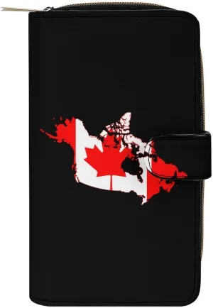 Canada Flag Map Purses for Women Zipper Leather Clutch Purse Travel Handbag Card Case Wallet