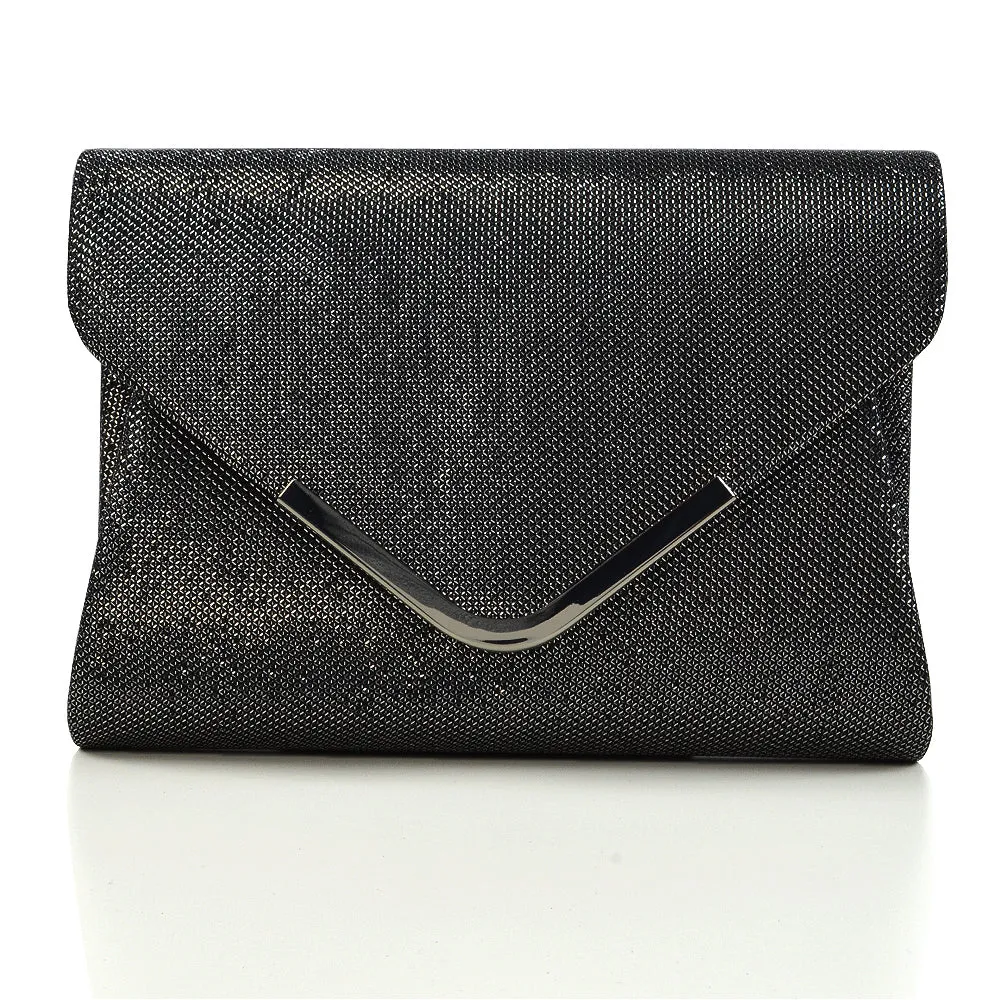 CARA CHROME TRIM CHAIN SHOULDER STRAP CLUTCH ENVELOPE BAG IN BLACK GLITTER