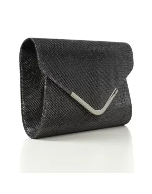CARA CHROME TRIM CHAIN SHOULDER STRAP CLUTCH ENVELOPE BAG IN BLACK GLITTER