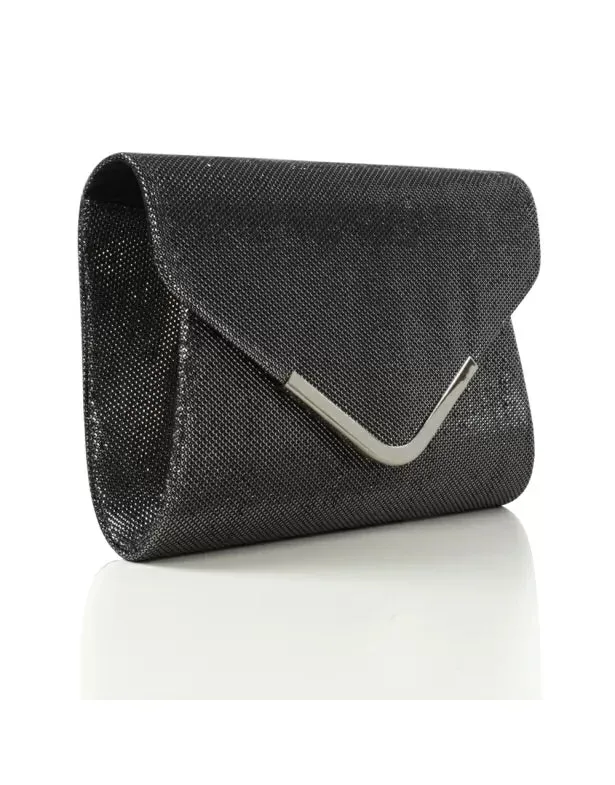 CARA CHROME TRIM CHAIN SHOULDER STRAP CLUTCH ENVELOPE BAG IN BLACK GLITTER