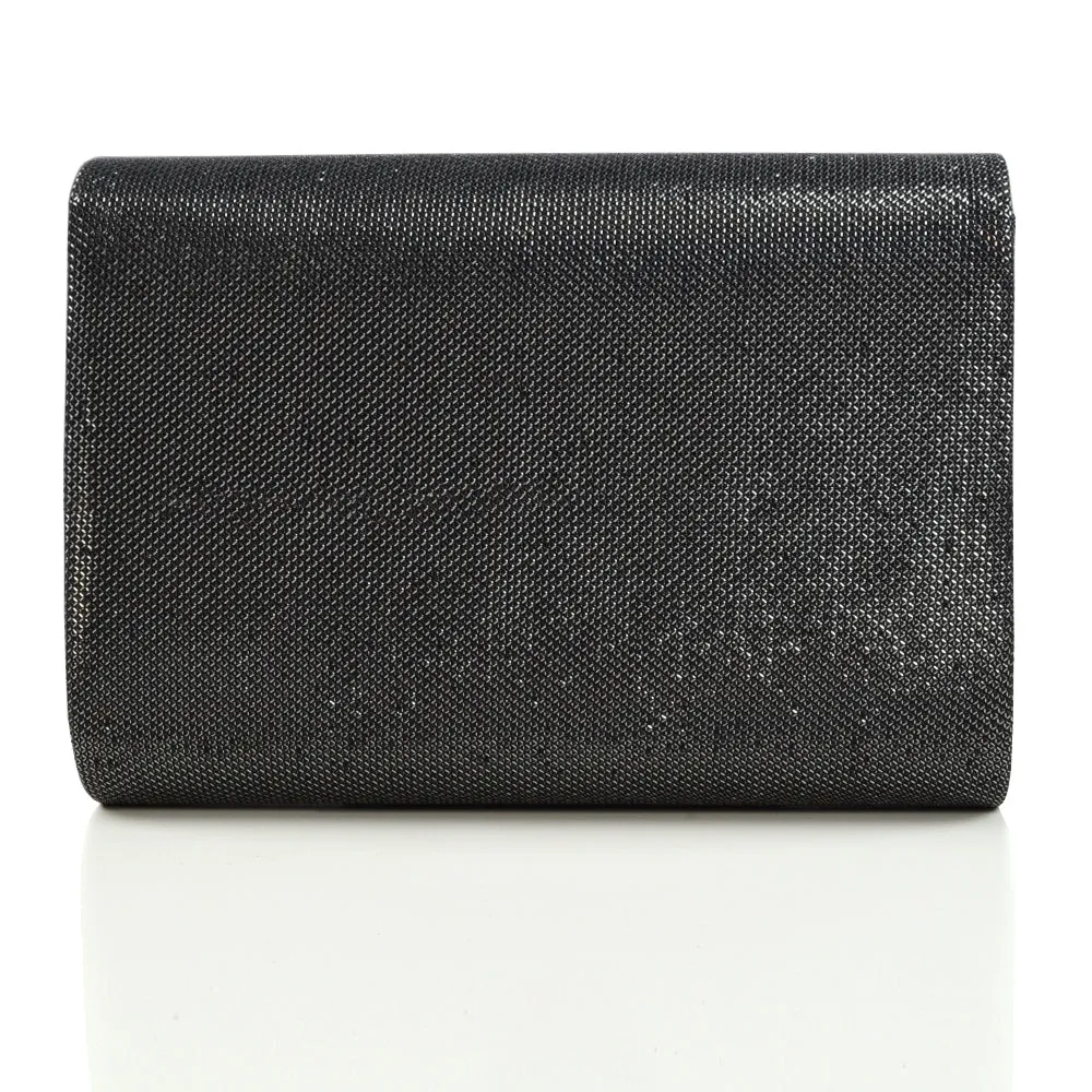 CARA CHROME TRIM CHAIN SHOULDER STRAP CLUTCH ENVELOPE BAG IN BLACK GLITTER