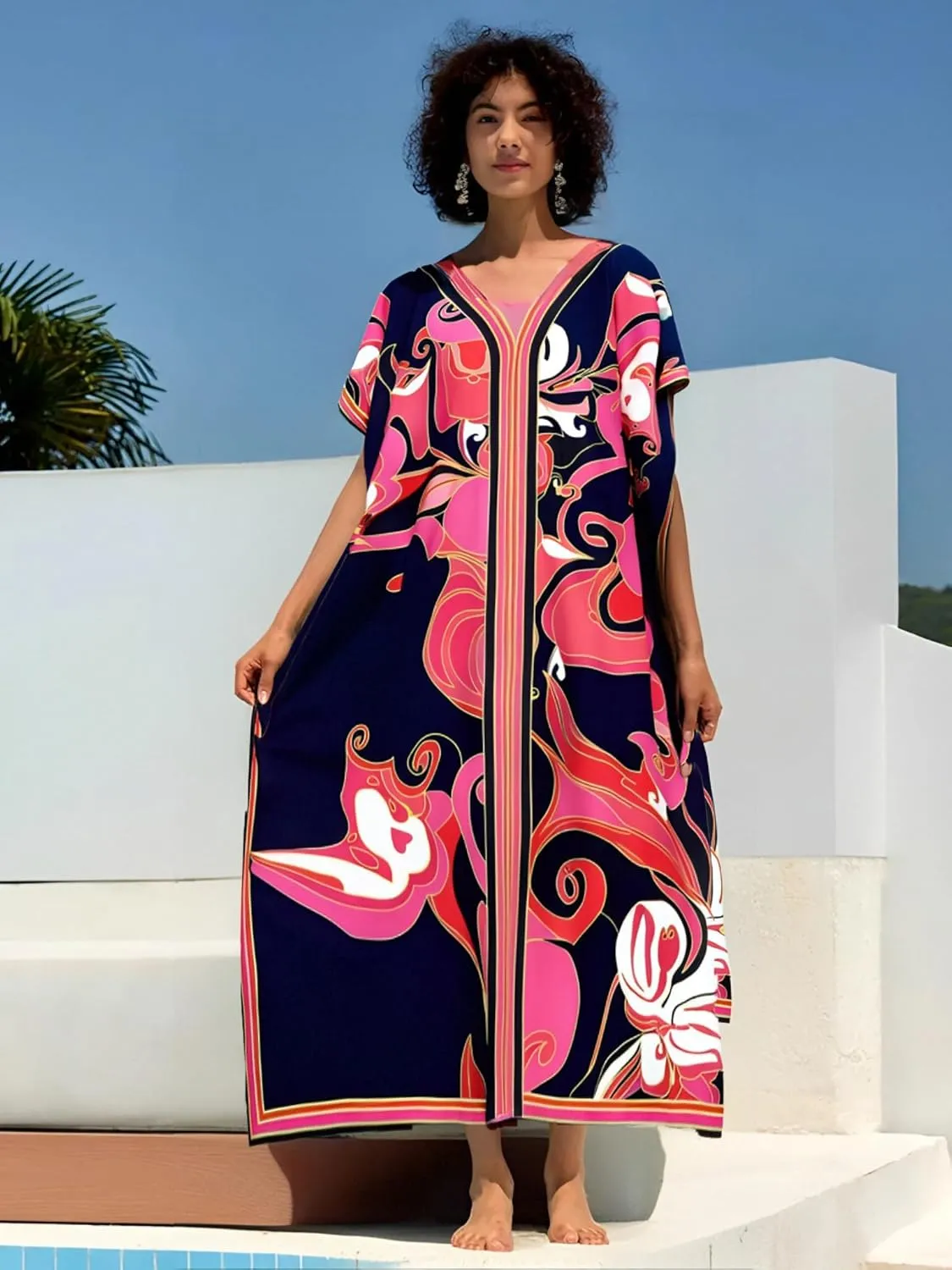 Cashew Flower Silk Caftan Women Vneck beach Cover up Caftans Loose Plus Size Floral Print Side Split Kaftan Dresses