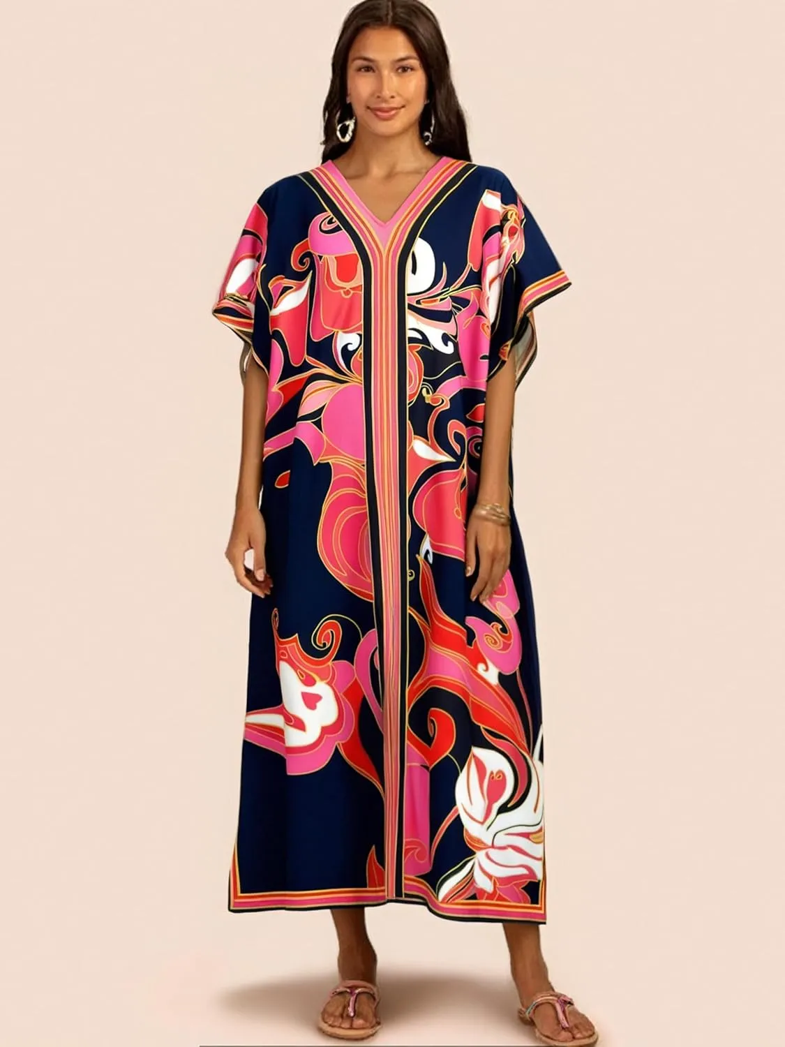 Cashew Flower Silk Caftan Women Vneck beach Cover up Caftans Loose Plus Size Floral Print Side Split Kaftan Dresses