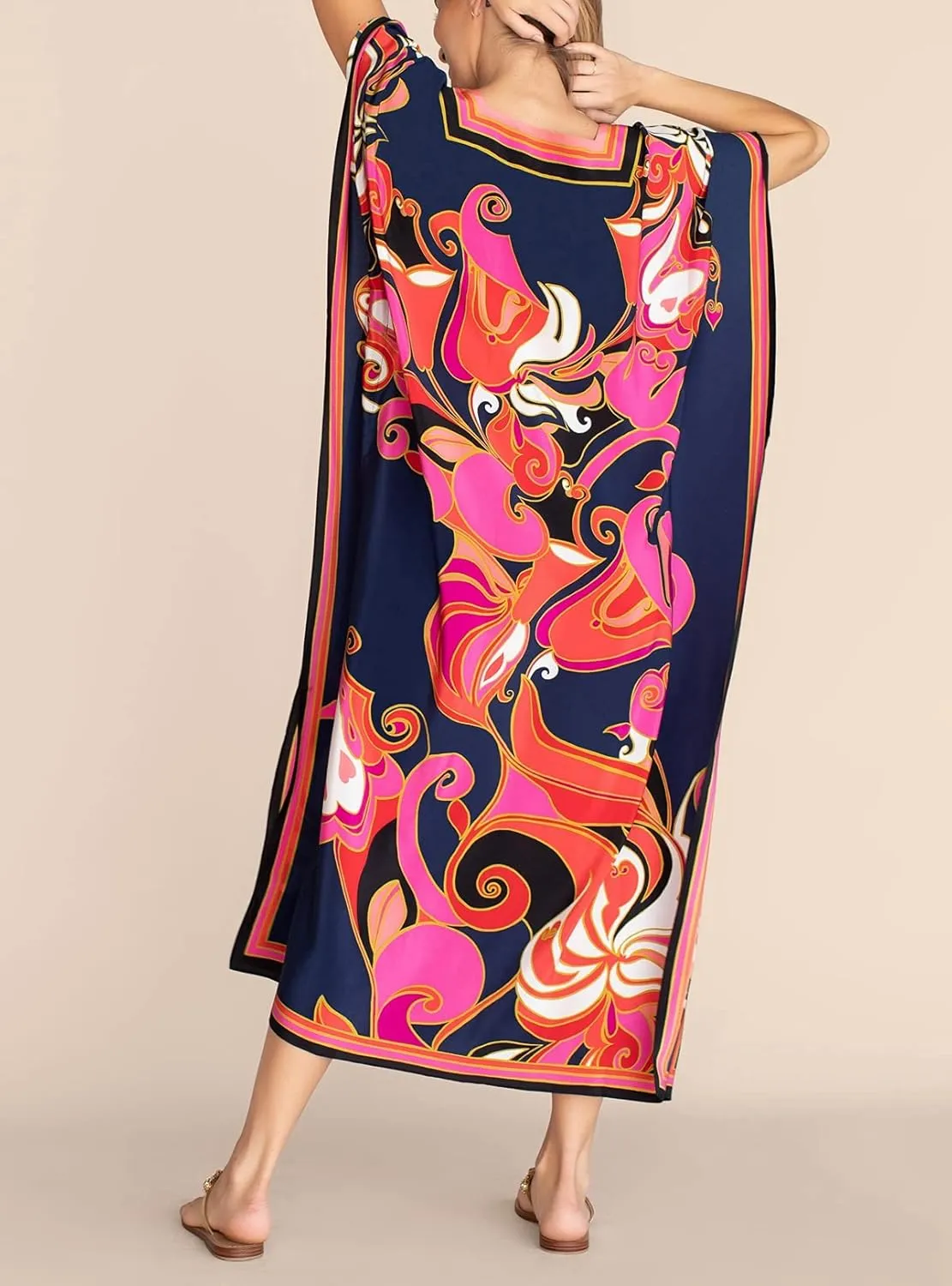 Cashew Flower Silk Caftan Women Vneck beach Cover up Caftans Loose Plus Size Floral Print Side Split Kaftan Dresses