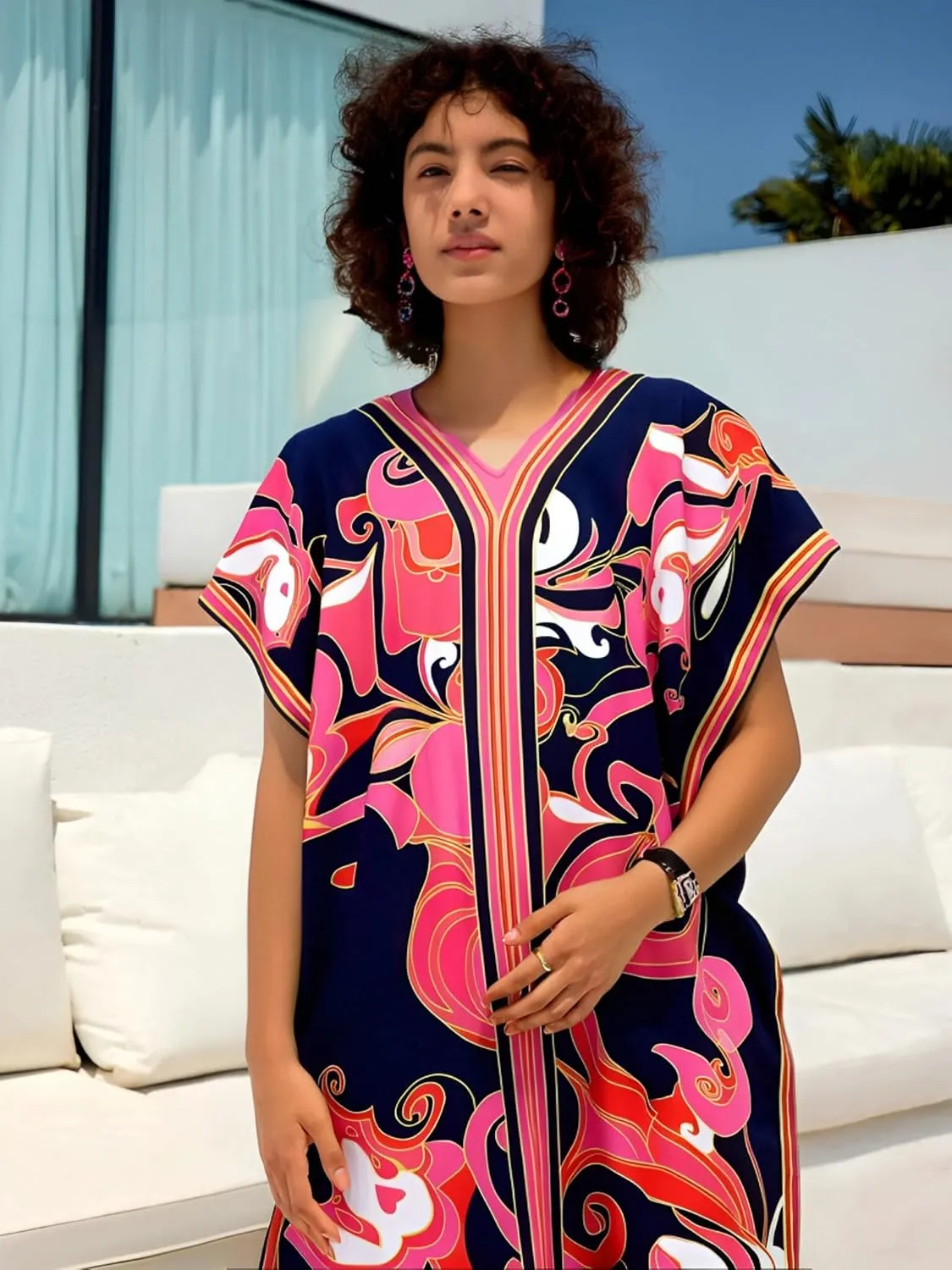 Cashew Flower Silk Caftan Women Vneck beach Cover up Caftans Loose Plus Size Floral Print Side Split Kaftan Dresses