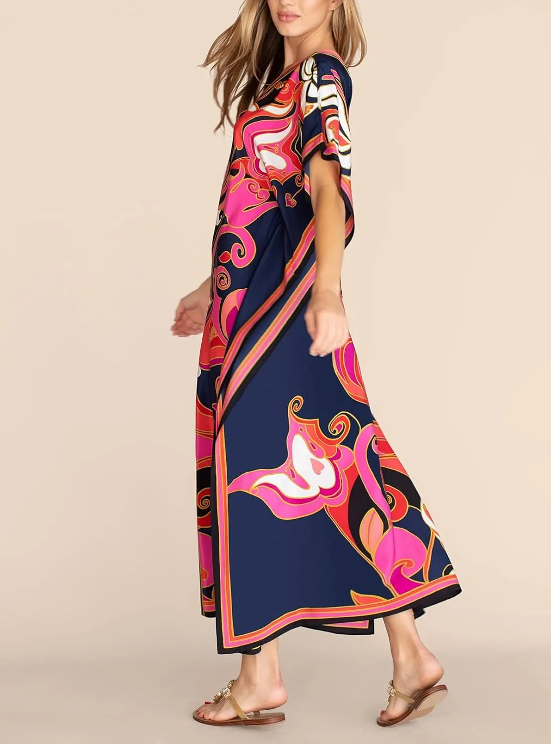 Cashew Flower Silk Caftan Women Vneck beach Cover up Caftans Loose Plus Size Floral Print Side Split Kaftan Dresses