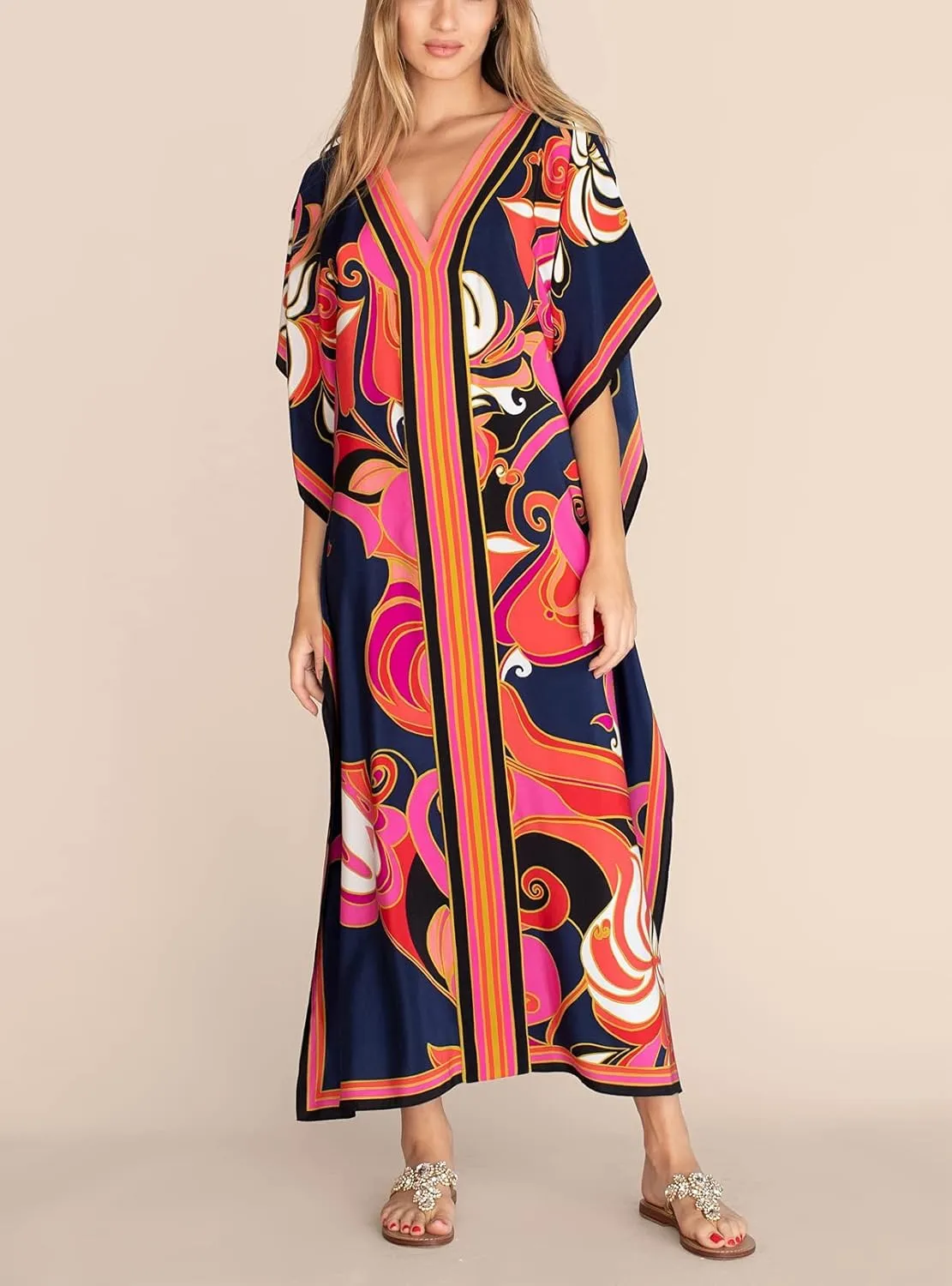 Cashew Flower Silk Caftan Women Vneck beach Cover up Caftans Loose Plus Size Floral Print Side Split Kaftan Dresses