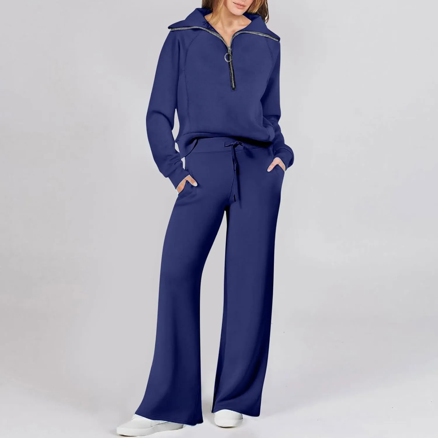 Casual 2 Piece Sportwears for Women Trendy Half Zip Sweatshirt Wide Leg Sweatpant Sets Casual Solid Color Tracksuits