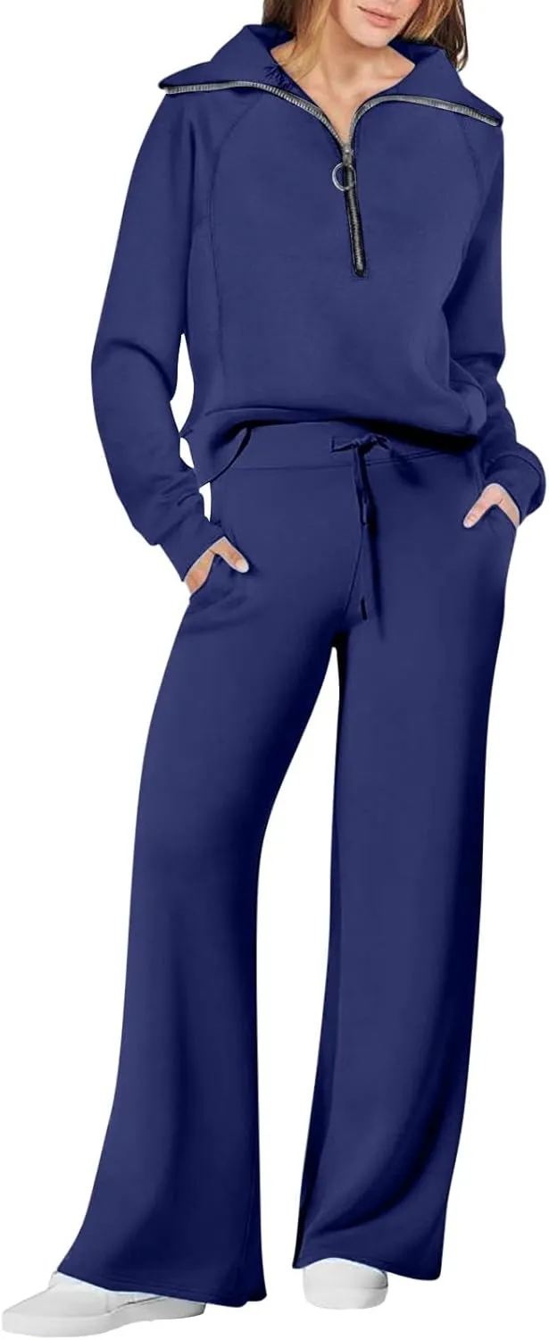 Casual 2 Piece Sportwears for Women Trendy Half Zip Sweatshirt Wide Leg Sweatpant Sets Casual Solid Color Tracksuits