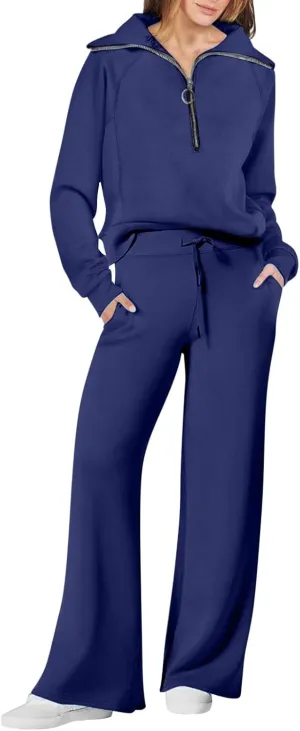 Casual 2 Piece Sportwears for Women Trendy Half Zip Sweatshirt Wide Leg Sweatpant Sets Casual Solid Color Tracksuits