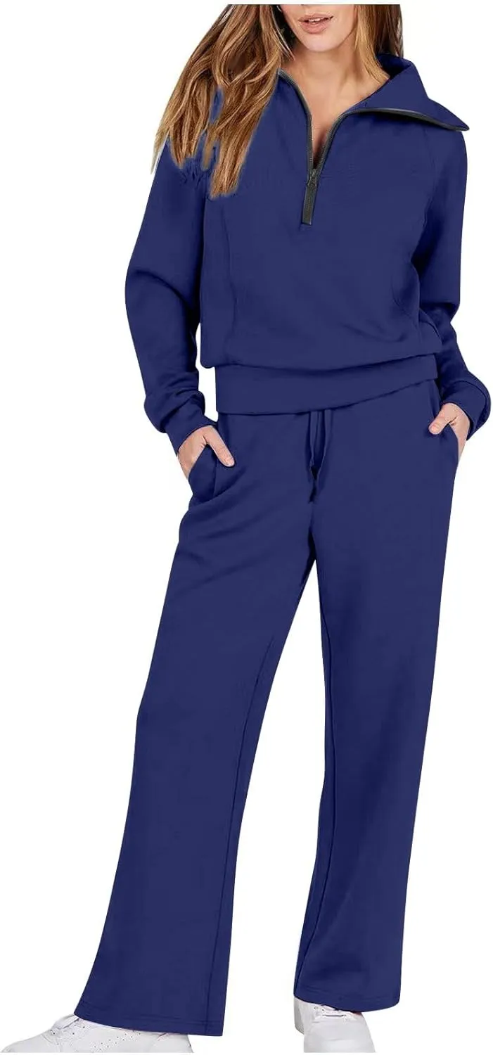 Casual 2 Piece Sportwears for Women Trendy Half Zip Sweatshirt Wide Leg Sweatpant Sets Casual Solid Color Tracksuits