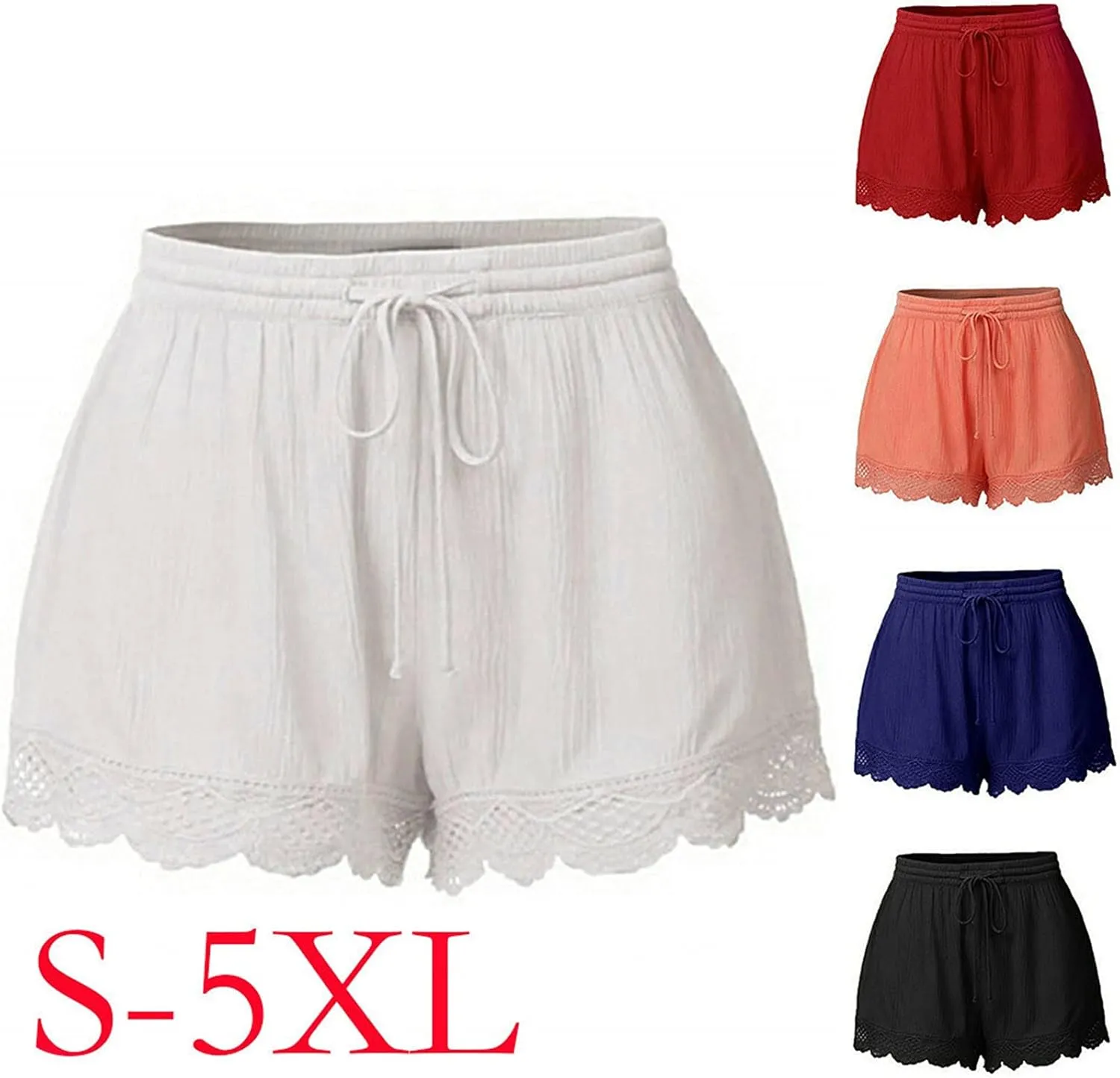 Casual Summer Lace Trim Shorts for Women Drawstring Elastic Waist Yoga Lounge Short Pants Solid Loose Comfy Pajama Bottoms