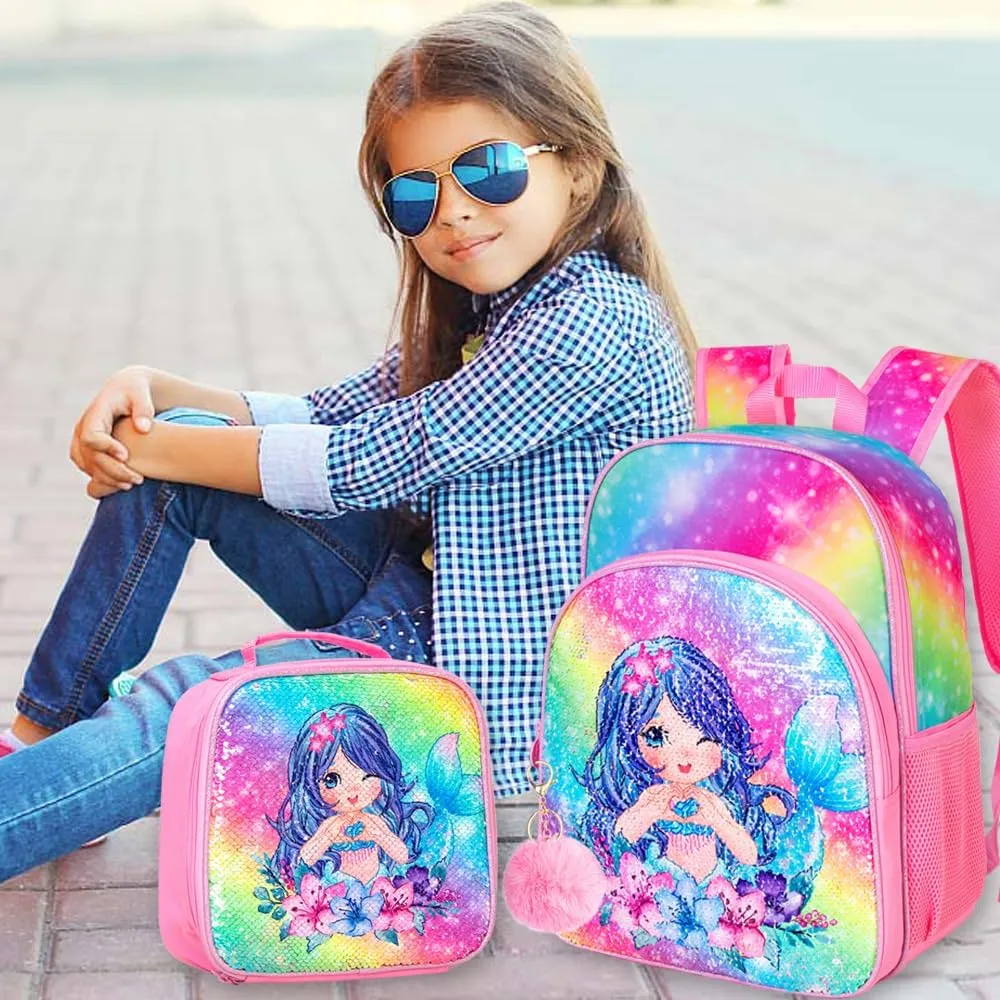 CCJPX 3PCS Girls Preschool Backpack, 16” Mermaid Sequin Bookbag and Lunch Box for Kindergarten Elementary
